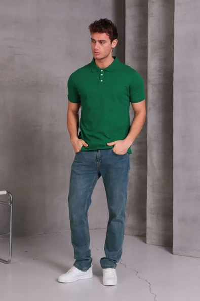 Erkek Slim Fit Pamuklu Yumuşak Doku Nefes Alan Kumaş Yakalı Tişört - Resim 3