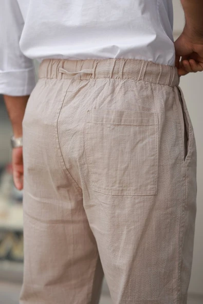Erkek Beli Lastikli Keten Rahat Pantolon - Resim 3