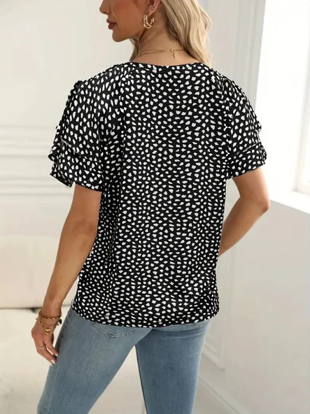 Kadın Kısa Kollu Kolları Volanlı Baskılı Süprem Bluz - Resim 2