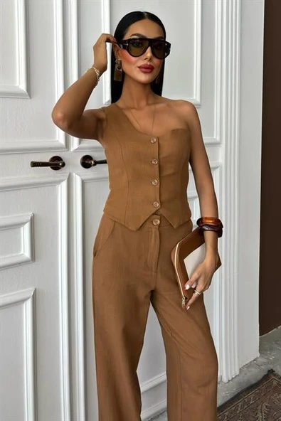 Tek Omuz Büstiyer Plazzo Pantolon Viscon Takım 10159 - Resim 2