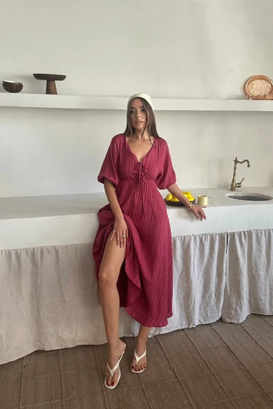 V YAKA DÖKÜMLÜ ELBİSE - Pembe - Resim 2