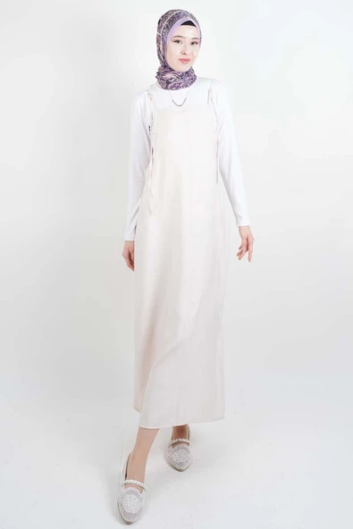Tesettür Elbise Ön Biyeli Modal Jile Krem