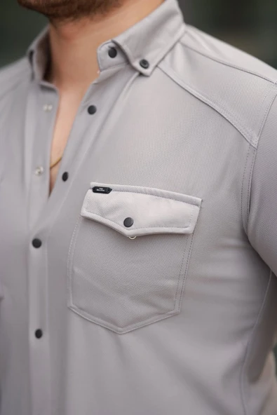 Erkek çift Cepli çıtçıt Düğmeli Uzun Kollu Gömlek - Resim 3