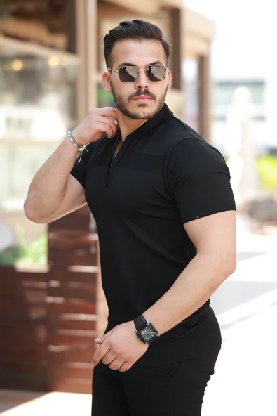 Erkek Göğüs Pirinç Desenli Fermuar Yakalı Kısa Kollu Tişört - Resim 2