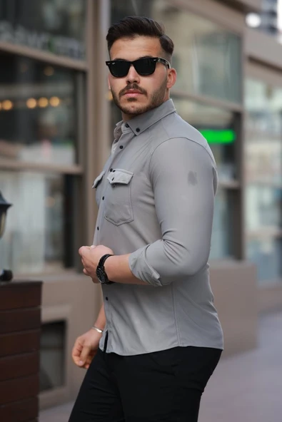 Erkek çift Cepli çıtçıt Düğmeli Uzun Kollu Gömlek - Resim 4