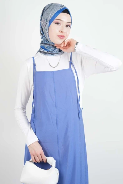 Tesettür Elbise Ön Biyeli Modal Jile Mavi - 4