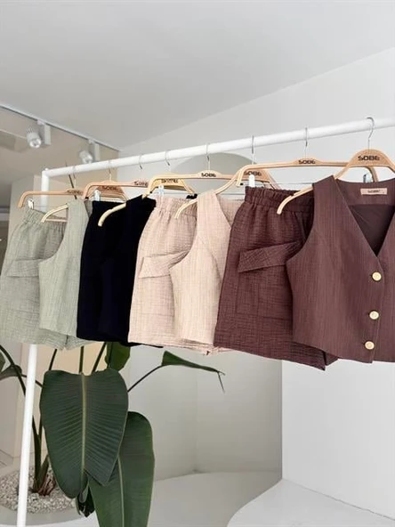 Mini Yelekli Şortlu Keten Takım 10176-08 - Resim 10