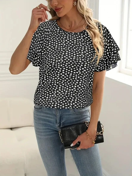 Kadın Kısa Kollu Kolları Volanlı Baskılı Süprem Bluz - Resim 3