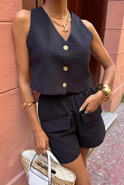 Mini Yelekli Şortlu Keten Takım 10176-08 - Resim 8