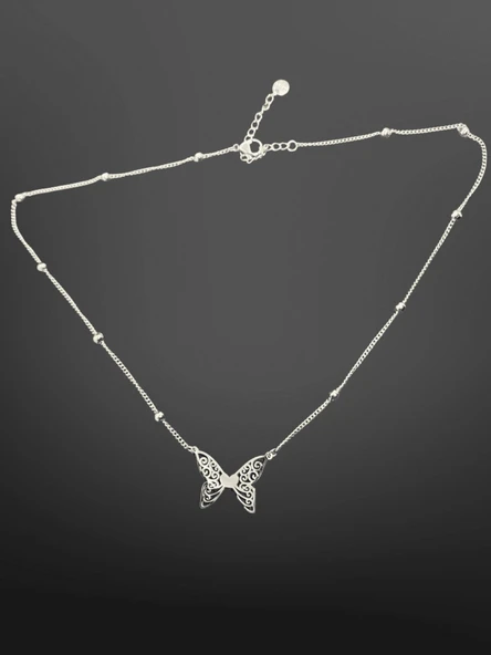 Gümüş Renk Kelebek Model 316L Çelik Zarif Boncuk Detaylı Kolye ürün görseli 1