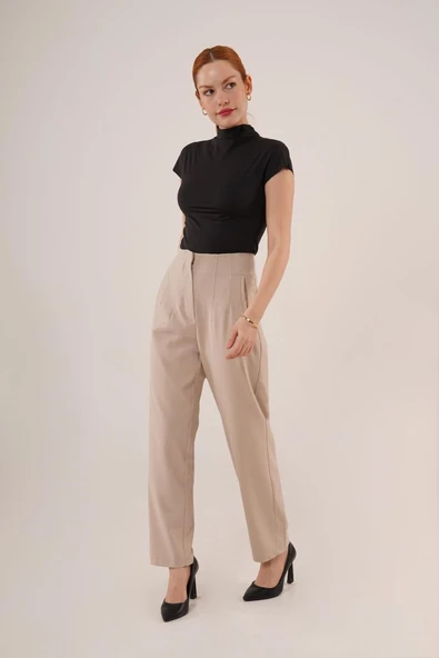 Çift Pens Detaylı Krem Pantolon - Resim 2