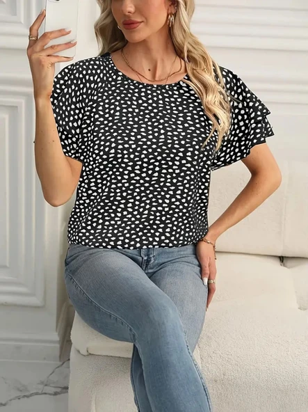 Kadın Kısa Kollu Kolları Volanlı Baskılı Süprem Bluz - Resim 5