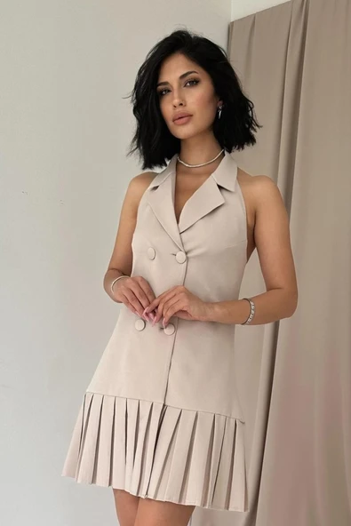 Bej Sırtı Açık Ceket Yakalı Elbise - Resim 2