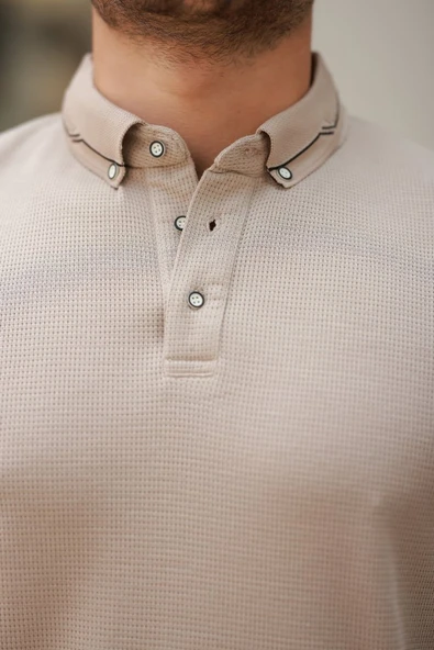 Erkek Düğmeli Yaka Waffle Kumaş Kısa Kollu Tişört - Resim 3