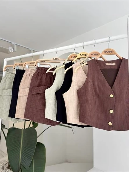 Mini Yelekli Şortlu Keten Takım 10176-08 - Resim 12