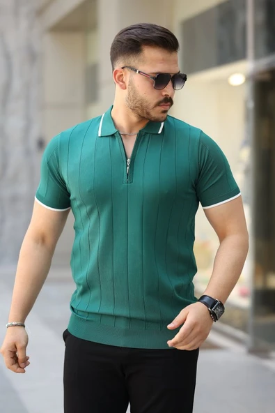 Erkek Fermuar Yakalı çizgi Dokulu Kısa Kollu Tişört ürün görseli