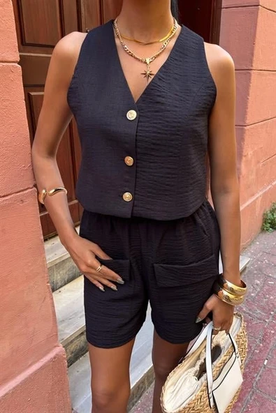 Mini Yelekli Şortlu Keten Takım 10176-08 - Resim 9