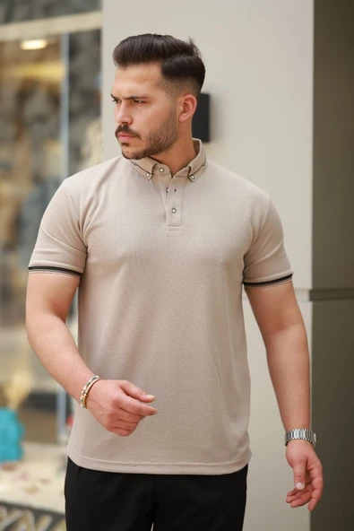 Erkek Düğmeli Yaka Waffle Kumaş Kısa Kollu Tişört - Resim 2