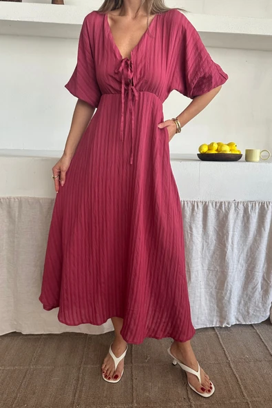 V YAKA DÖKÜMLÜ ELBİSE - Pembe - Resim 3