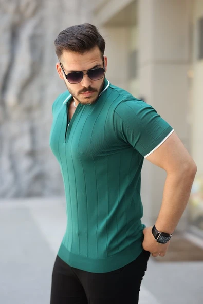 Erkek Fermuar Yakalı çizgi Dokulu Kısa Kollu Tişört - Resim 2