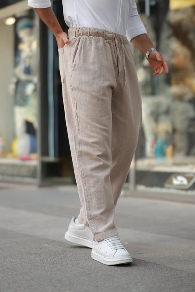 Erkek Beli Lastikli Keten Rahat Pantolon - Resim 2