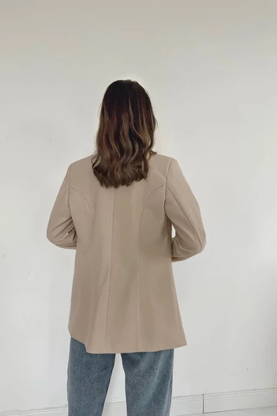 Bej Düğmeli Deri Ceket - Resim 4