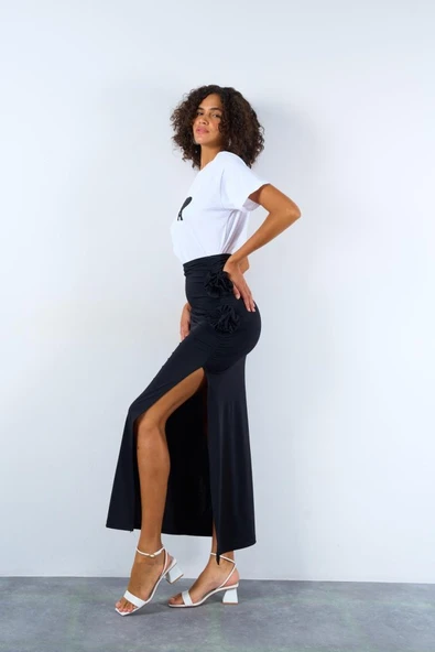 Yandan Büzgülü Güllü Etek - Siyah ürün görseli