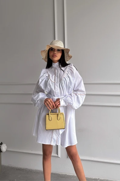 ÖNDEN DÜĞMELİ POPLİN KLOŞ ELBİSE BAĞLAMA KEMER DETAYLI - Beyaz - Resim 2