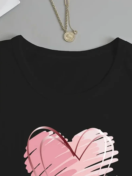 Kadın Uzun Kollu Bisiklet Yaka Kalp Desenli Viskon Bluz - Resim 4