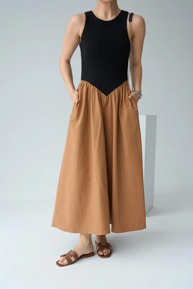 İki Renkli Elbise - Siyah-Taba - Resim 3