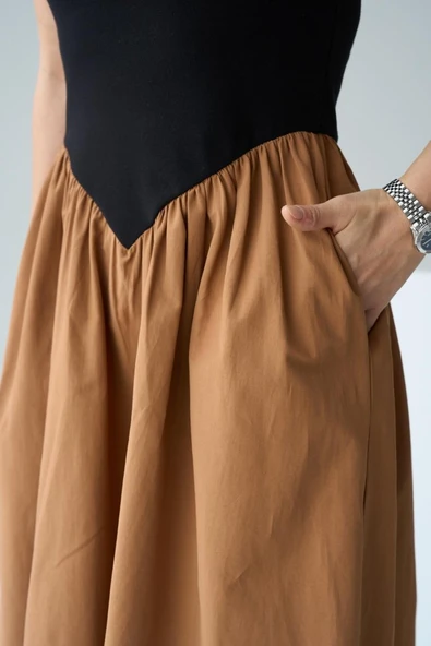 İki Renkli Elbise - Siyah-Taba - Resim 5