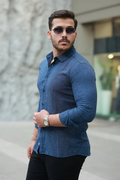 Erkek Pamuklu Keten Gömlek - Resim 2