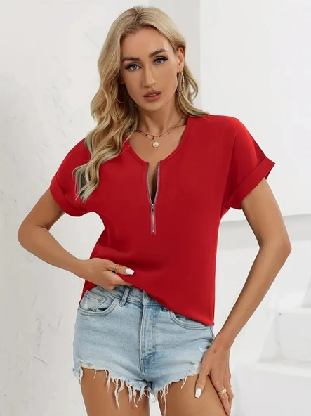 Kadın Kısa Kollu V Yaka Fermuarlı Salaş Sandy Bluz - Resim 4