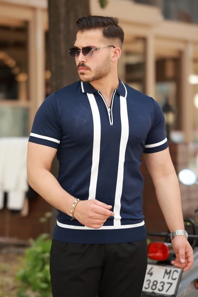 Erkek Fermuar Yakalı şerit Detaylı Kısa Kollu Tişört ürün görseli