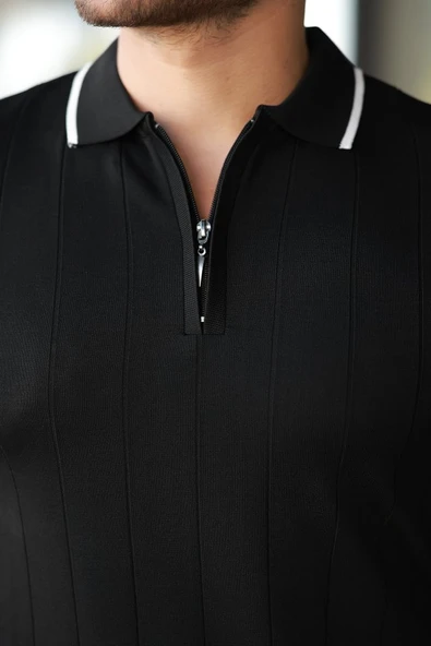 Erkek Fermuar Yakalı çizgi Dokulu Kısa Kollu Tişört - Resim 3