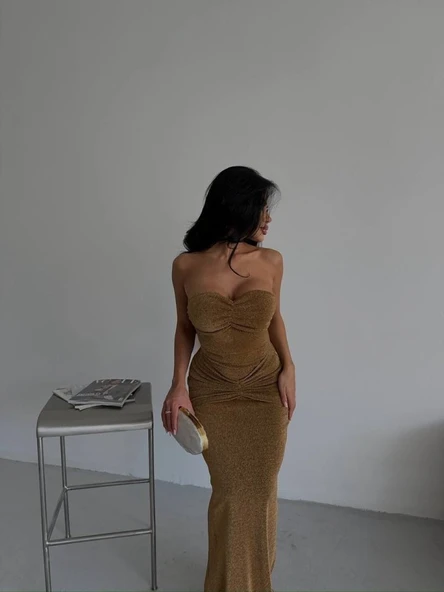 Straplez Simli Uzun Elbise - Resim 5