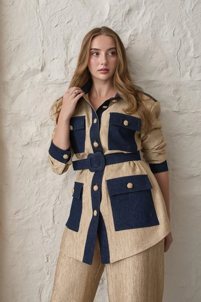 Sarı Garnili Cepli Gömlek Ve Pantolon Takım - 3