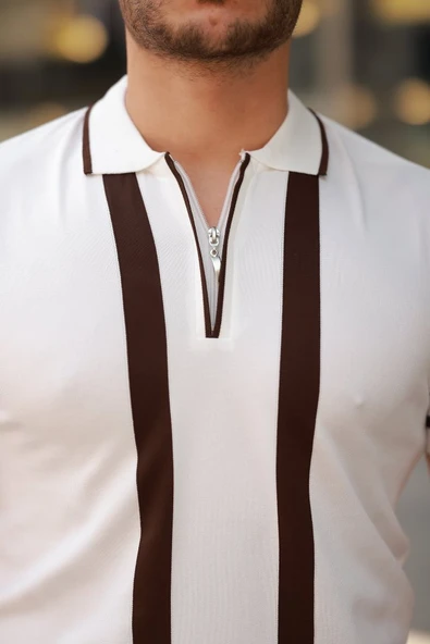 Erkek Fermuar Yakalı şerit Detaylı Kısa Kollu Tişört - Resim 3