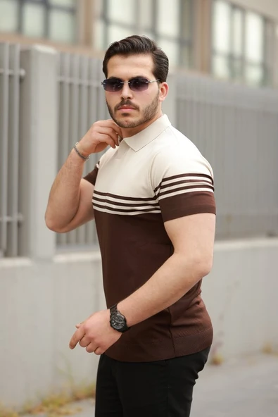 Erkek Yakalı Parça Renk Kısa Kollu T-shirt - Resim 2