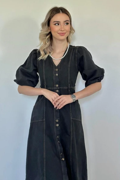 Siyah Balon Kol Kot Elbise - Resim 3