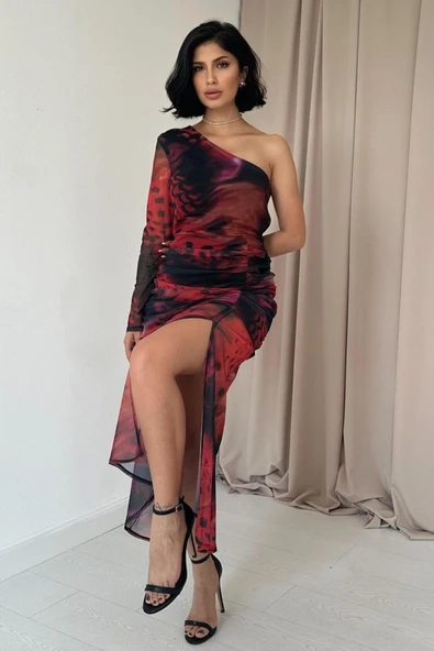 Kırmızı Tek Omuzlu Tül Elbise - Resim 2