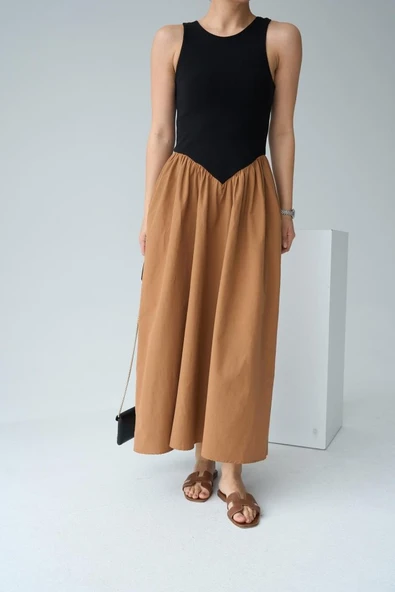 İki Renkli Elbise - Siyah-Taba ürün görseli