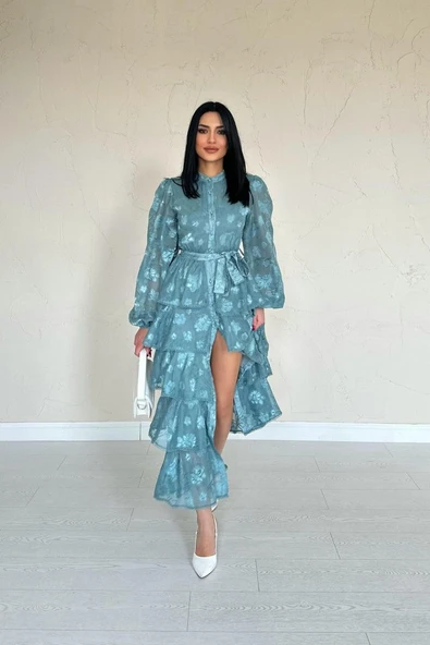 Mint Valonlu Şeritli Kat Kat Elbise - Resim 3