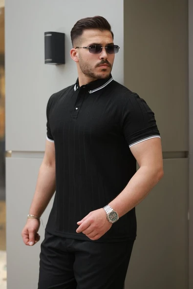 Erkek Düğme Yakalı Jakar Kumaş Kısa Kollu Tişört - Resim 2