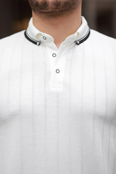 Erkek Düğme Yakalı Jakar Kumaş Kısa Kollu Tişört - Resim 3