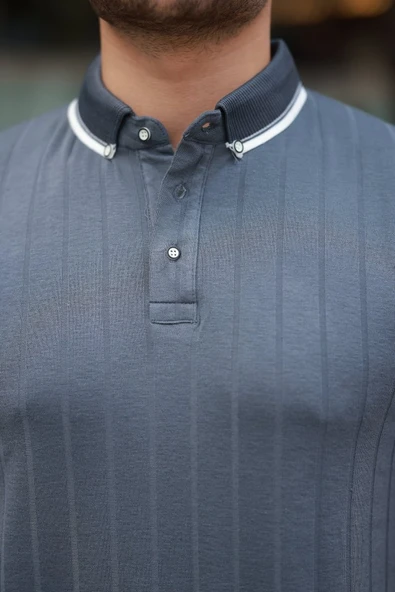 Erkek Düğme Yakalı Jakar Kumaş Kısa Kollu Tişört - Resim 3