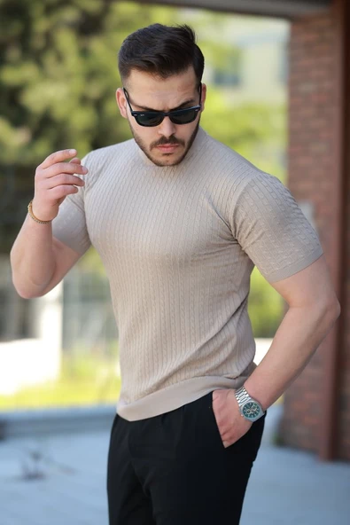 Erkek Bisiklet Yaka örgü Desenli Kısa örme Triko Kısa Kollu T-shirt - Resim 2