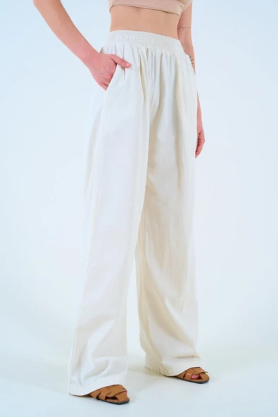 Beli Lastikli Palazo Pantolon - Taş - Resim 3