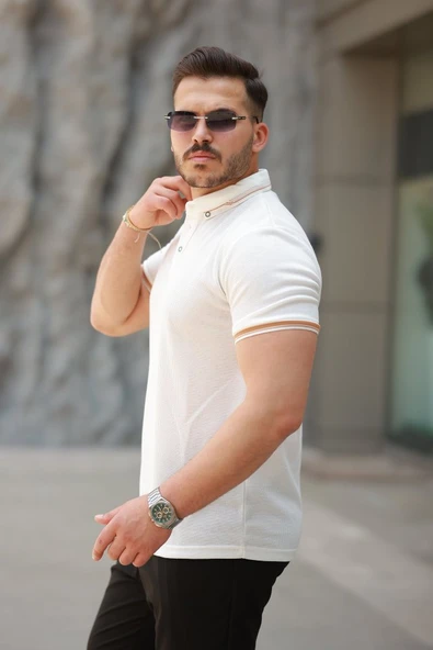 Erkek Düğmeli Yaka Waffle Kumaş Kısa Kollu Tişört - Resim 2