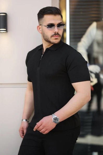 Erkek Yakası Fermuarlı Kısa Kollu T-shirt - Resim 2